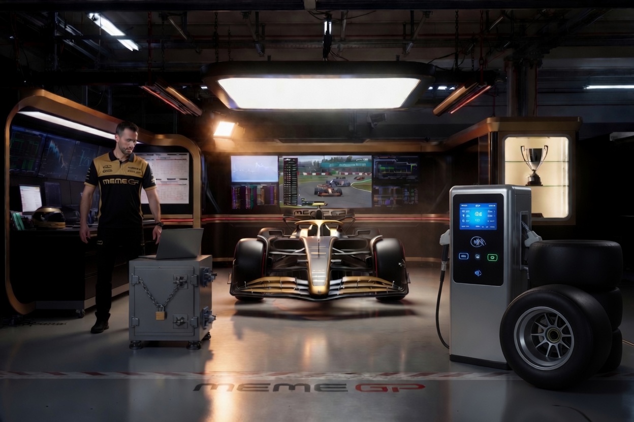 The MEME GP garage — F1-style racing garage with broadcast monitors, trophy cabinet, locked safe, engineer's workstation, tyre rack, and the MEME GP car at the centre